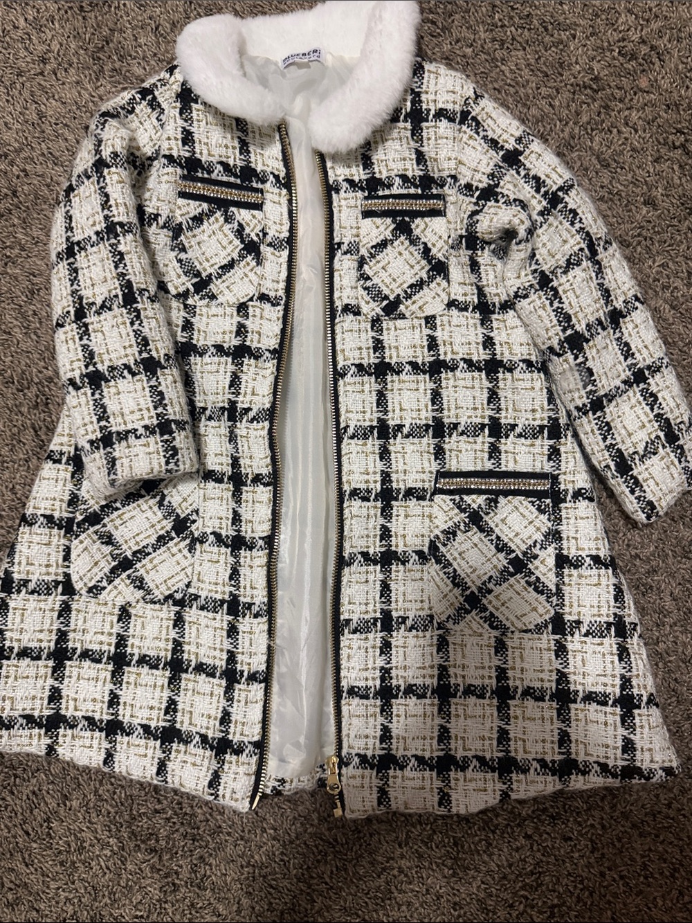Plaid Tweed Coat with Faux Fur Collar - White/Black